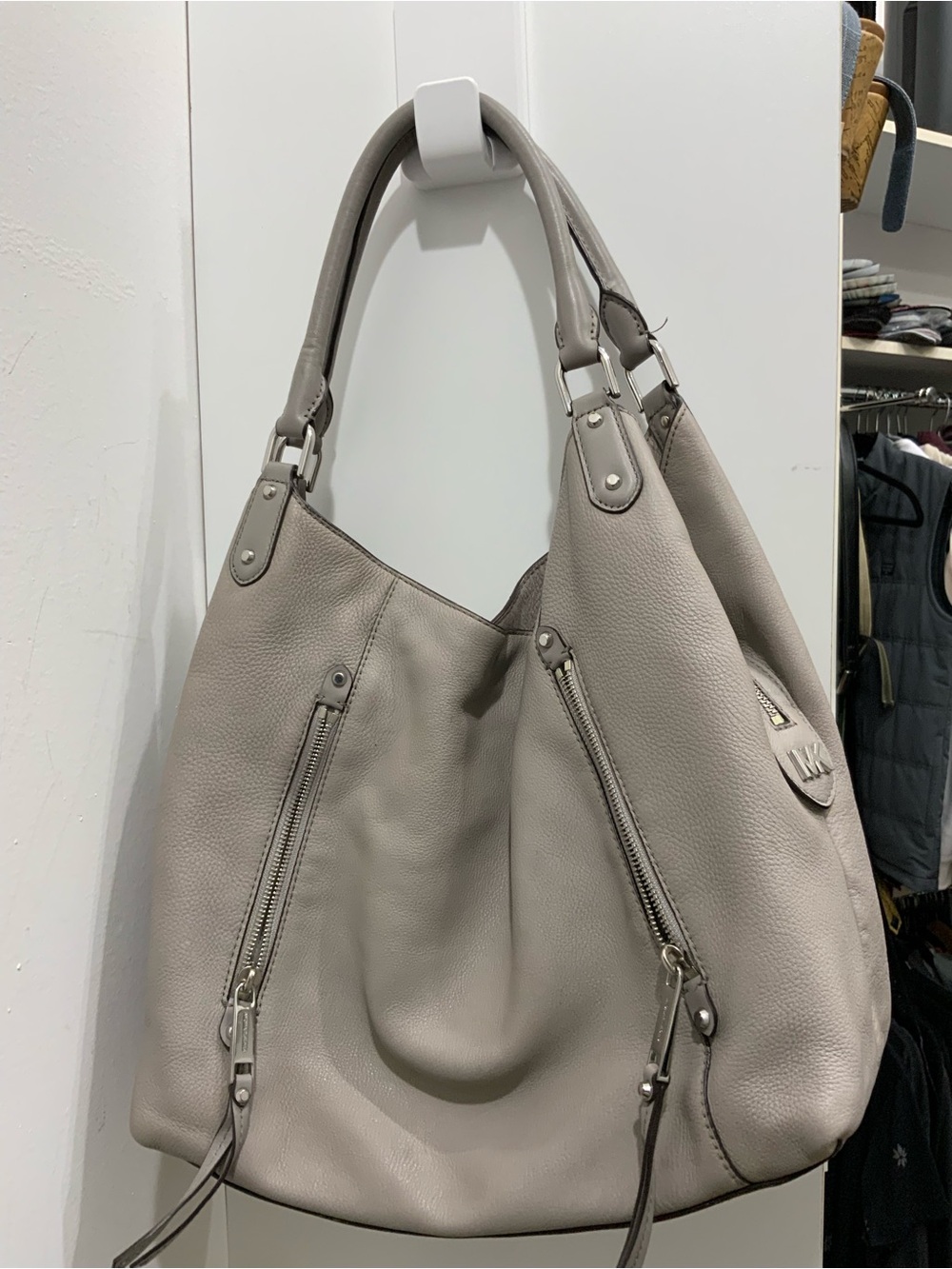 Michael Kors Pebbled Leather Shoulder Hobo in Light Taupe
